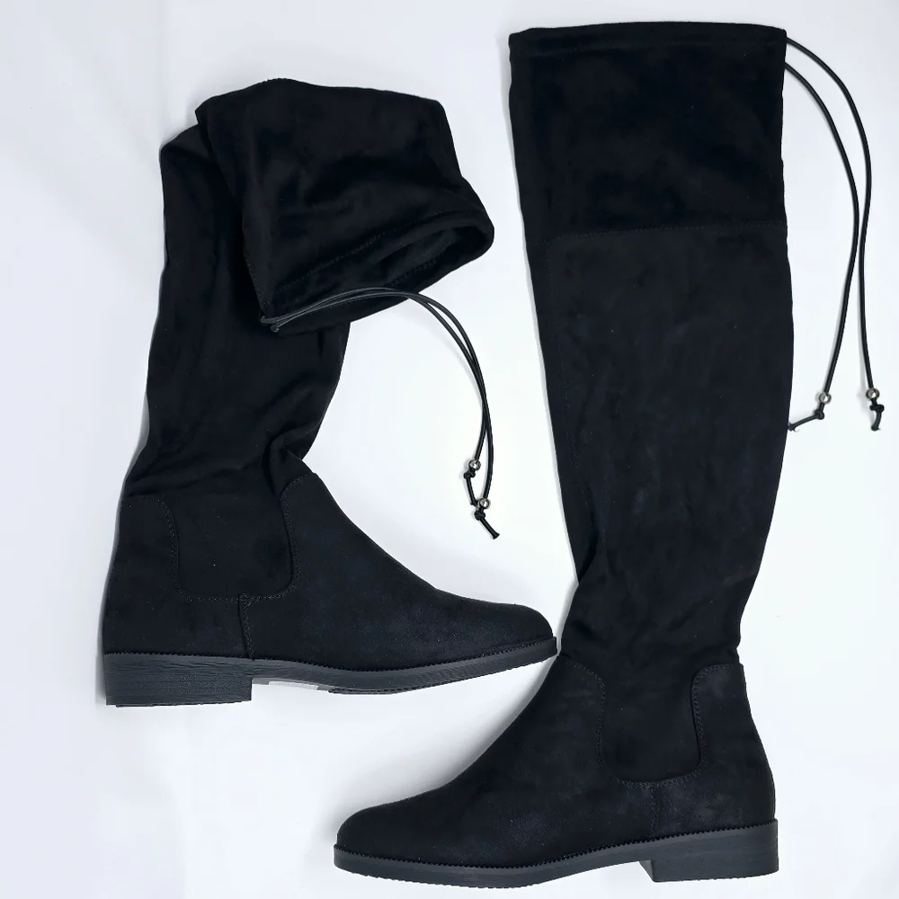 New Black Knee High Riding Boots 10 Kohls SO Velour Englishmuffin Back Tie Shoes